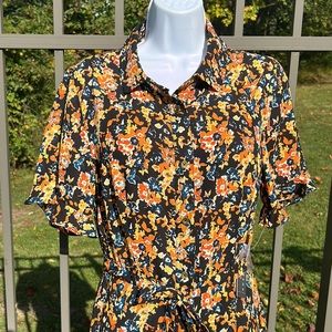 NWT Sharagano Orange & Black Multi Floral Collared Dress Size 12